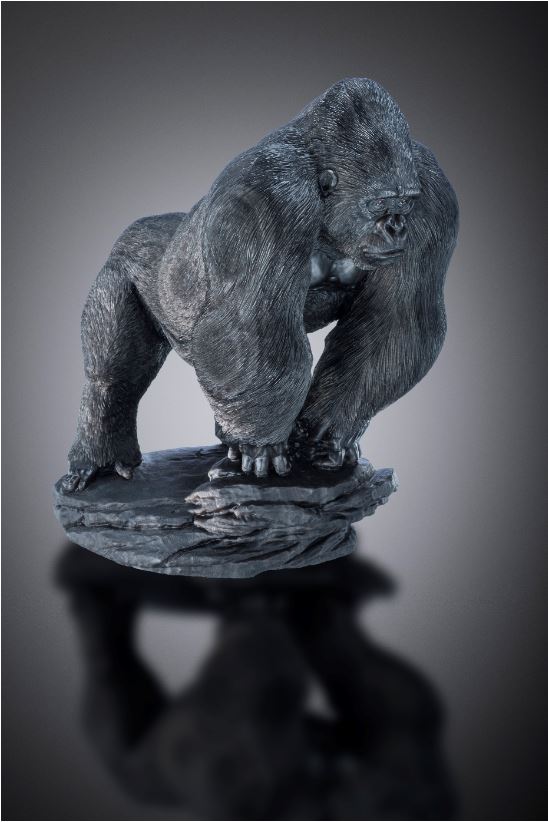 OBSIDIAN Var. SILVER SHEEN, Silverback Gorilla Carving by Gerd Dreher, 21.2cm, Russia. Houston Museum of Natural Science Collection, Jeff Scovil photo. 